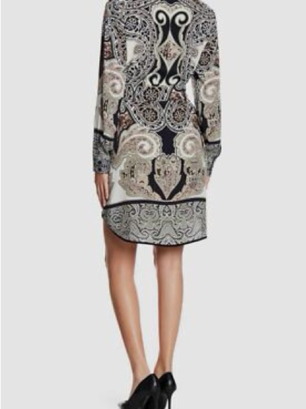 Hale Bob Black & Cream Paisley-Print Long Sleeve Pure Silk Shift Dress